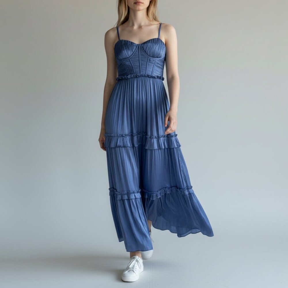 AQUA Satin Bustier Ruffled Tiered Maxi Dress XS Cobalt Blue Sweetheart Neck